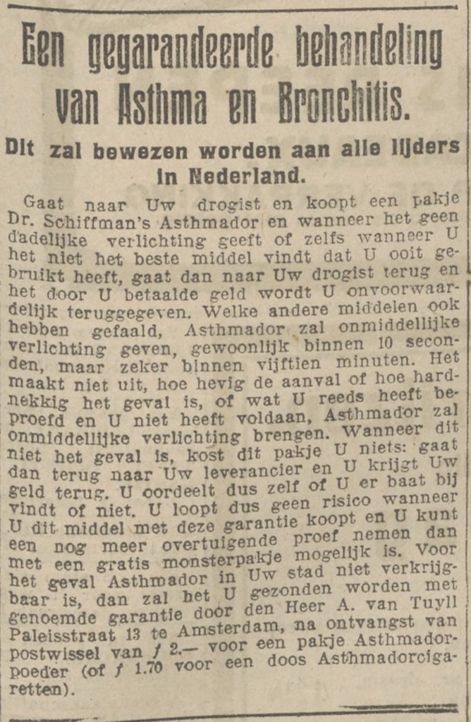astma, medicijnen, kranten, geschiedenis, historie, nieuwsberichten, advertenties, historische verhalen