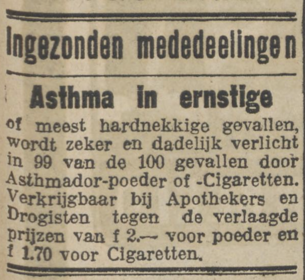 astma, medicijnen, kranten, geschiedenis, historie, nieuwsberichten, advertenties, historische verhalen
